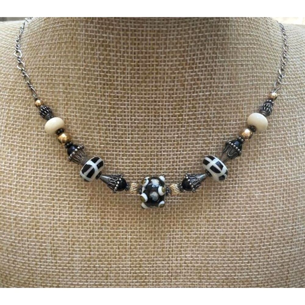 Vintage Sterling Silver Art Glass Beads Necklace